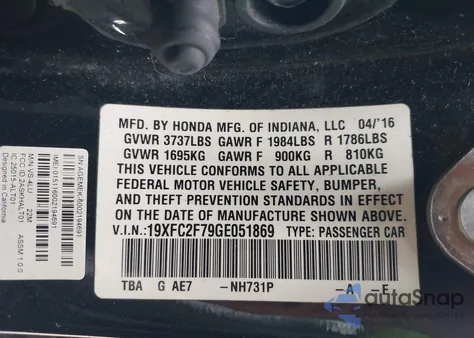 2016 Honda Civic Ex z USA, uszkodzony, nr VIN 19XFC2F79GE051869